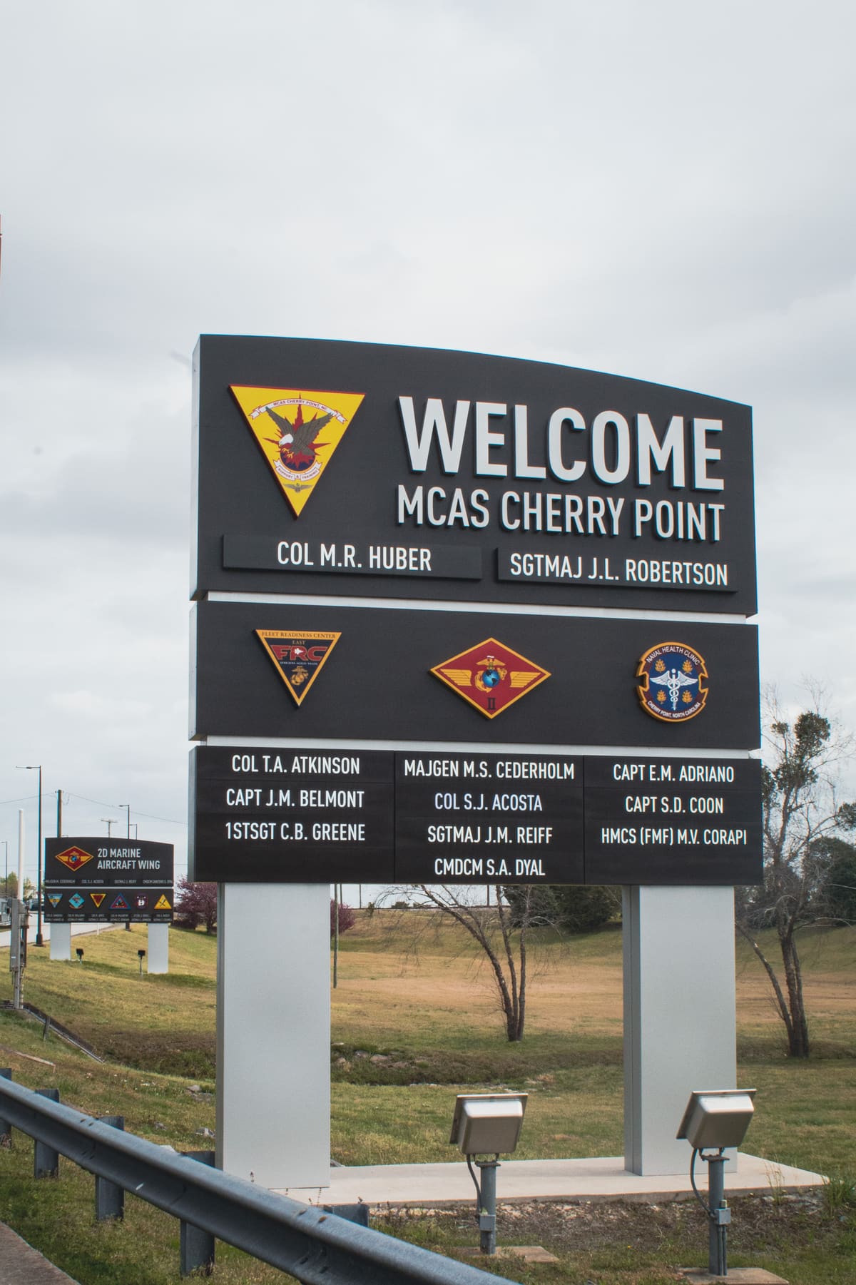 Welcome to MCAS Cherry Point main-gate monument sign with unit insignia panels