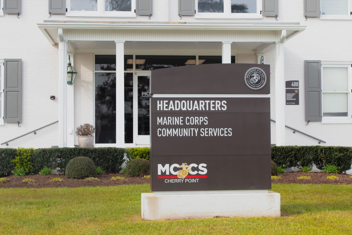 MCCS Marine Corps Community Services Headquarters monument sign