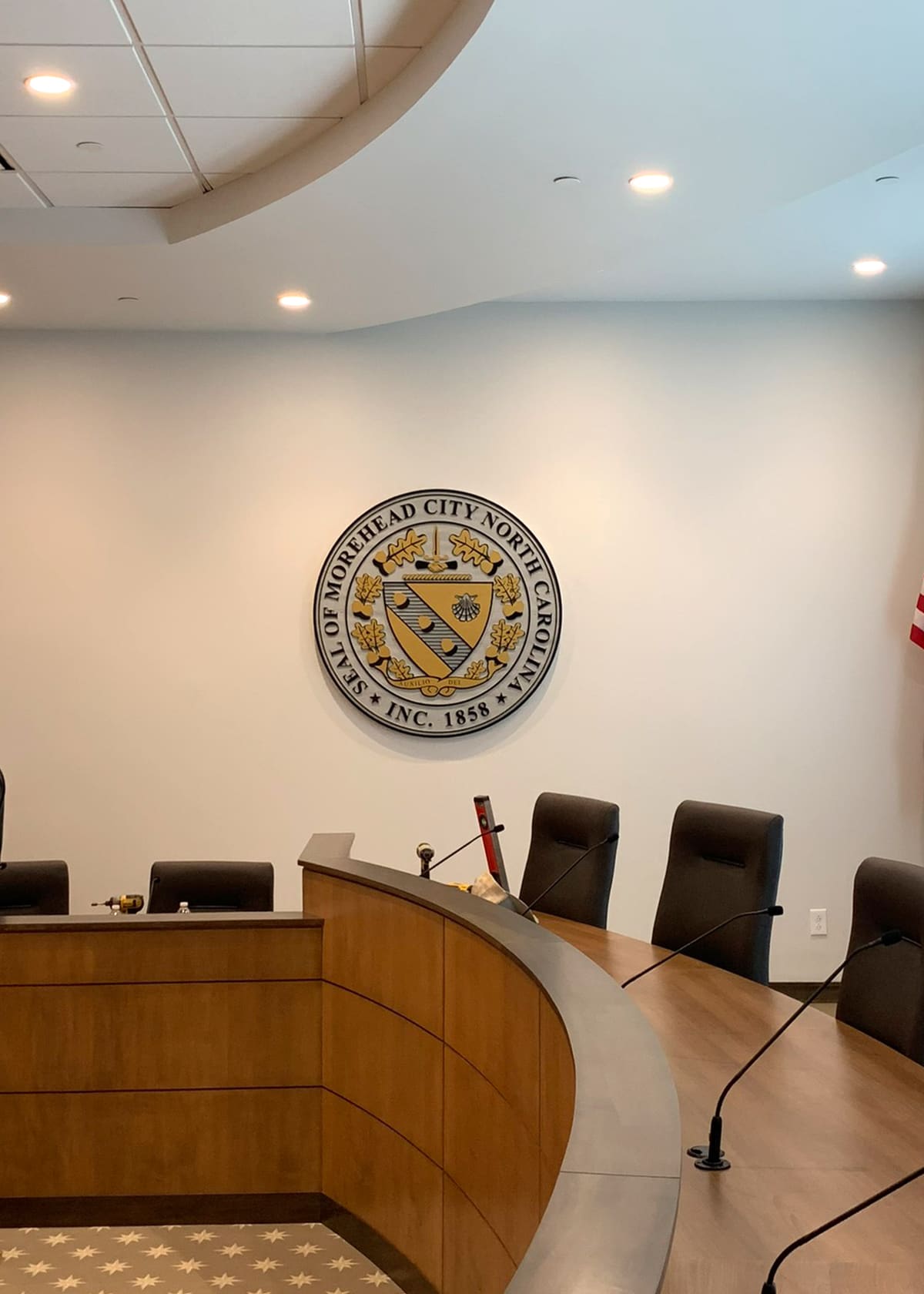 Dimensional Seal of Morehead City plaque on the council chamber wall