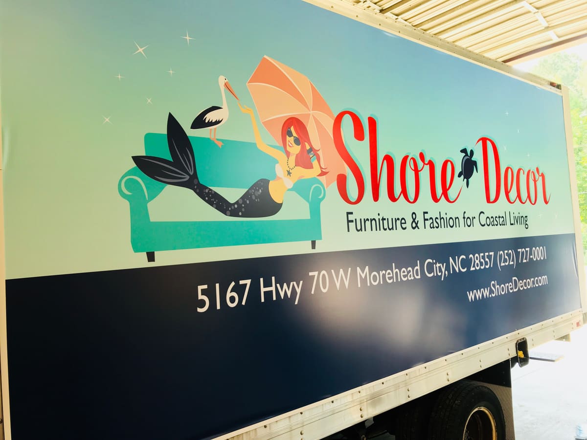 Shore Decor mermaid box-truck wrap with address panel