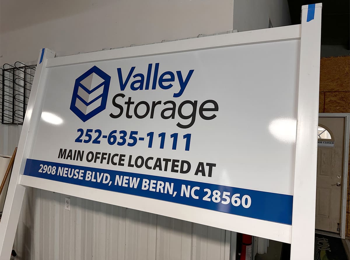 Valley Storage post-and-panel sign assembled in the shop before install