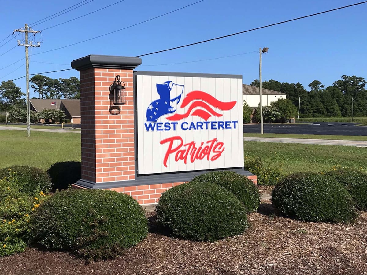 West Carteret High School Patriots brick monument sign with school logo