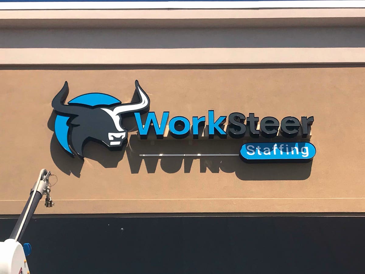 WorkSteer Staffing channel letters with bull logo, freshly installed